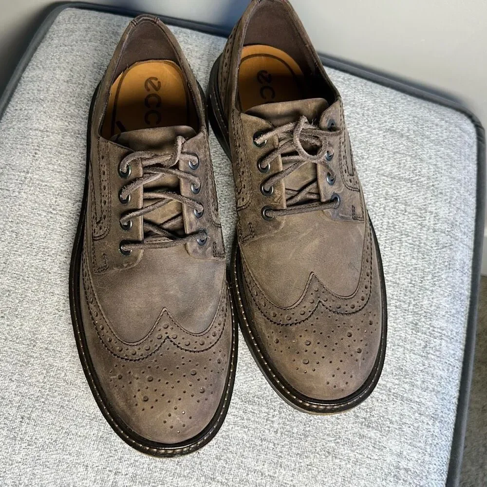 Ecco Mens Sz 41 Lhasa Brogue Wing Tip Leather Oxfords Coffee Brown Casual Shoes-